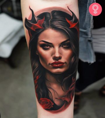 A female devil tattoo on a woman