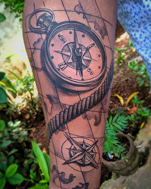 Nautical half sleeve start. Compass tattoo, rope tattoo. To be finished  with vintage map background and shading | Rope tattoo, Tattoos, Compass  tattoo