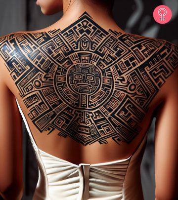 A woman with a Mayan tattoo on her back A woman with a Mayan tattoo on her back