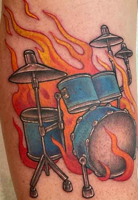My drumset tattoo x) now I get to have what I love so much closer to my  heart x) | Tattoos, Drum tattoo, Back tattoos