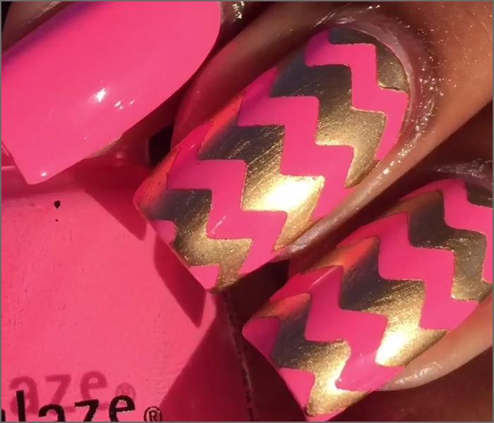 Pink and Gold Chevrons Nail Design