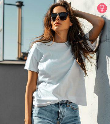 Woman wearing oversized t-shirt to hide the belly fat Woman wearing oversized t-shirt to hide the belly fat