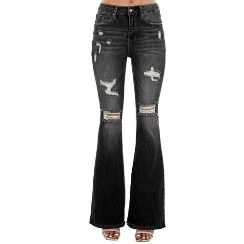 Girls Ripped Flare Jeans Elastic Waist Bell Bottom Pants Wide Leg