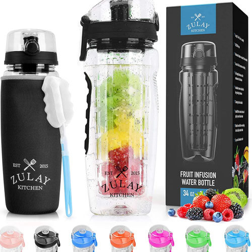 Live Infinitely Gym Water Bottle with Time Marker Fruit Infuser and Shaker 34 oz Gray