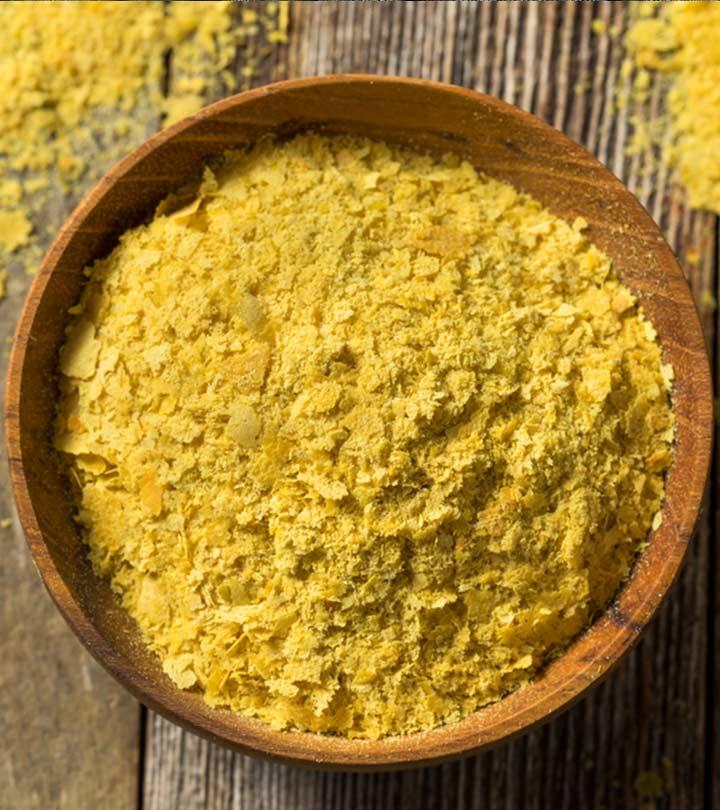 Nutritional yeast in a wooden bowl