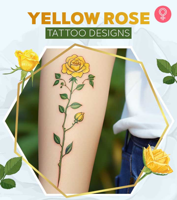 A yellow rose tattoo on a woman’s forearm
