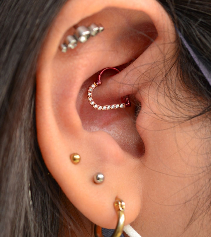 A closeup of a constellation ear piercing