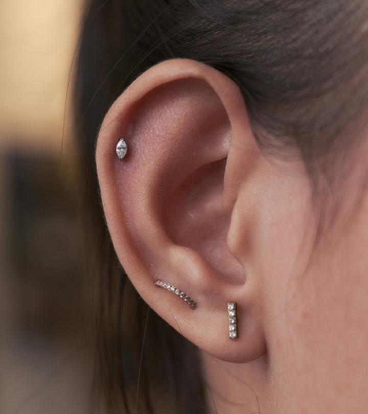 Close-up of orbital upper lobe piercing