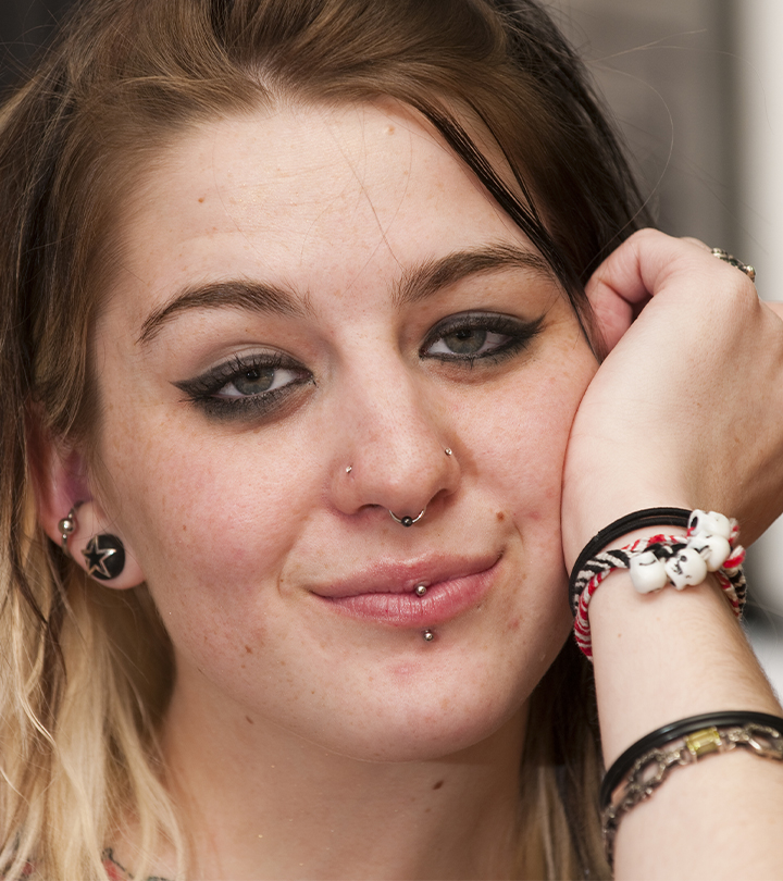A woman with a vertical labret piercing