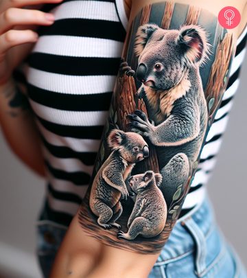 A realistic koala family tattoo on the forearm