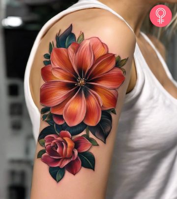 3D flower tattoo on a woman’s upper arm