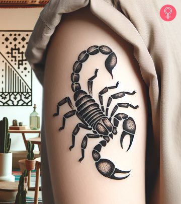 A simple scorpion tattoo on the back of the shoulder