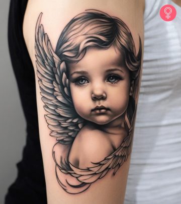 A woman with a baby angel tattoo on her upper arm