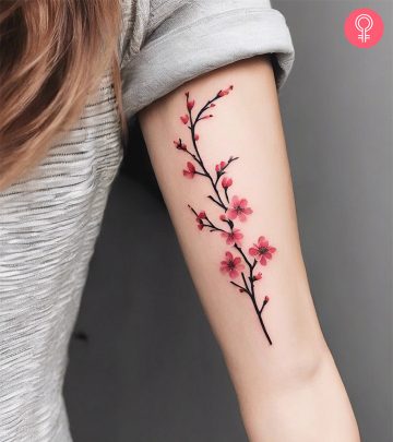 A woman with a cherry blossom tattoo on her arm