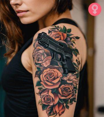 A woman with a glock tattoo on her upper arm A woman with a glock tattoo on her upper arm