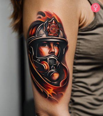A woman with a realistic firefighter tattoo on her upper arm A woman with a realistic firefighter tattoo on her upper arm