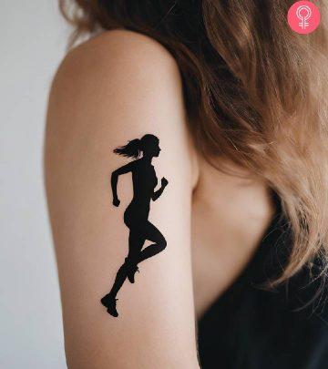 A woman with running tattoo on her shoulder