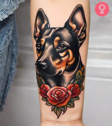 A woman with a vibrant dog tattoo on her forearm