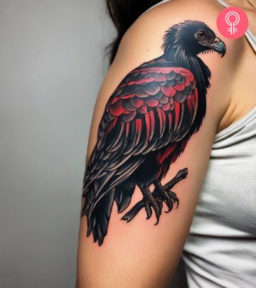 A woman with a vulture tattoo on the upper arm