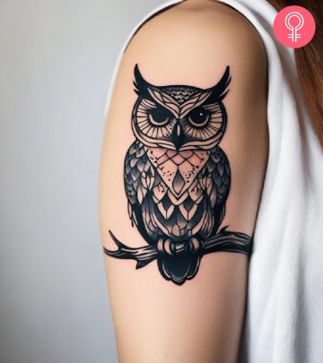A woman with an owl tattoo on her upper arm