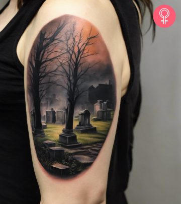 An upper arm graveyard tattoo