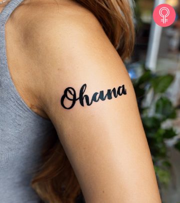 Ohana tattoo design on the arm of a woman