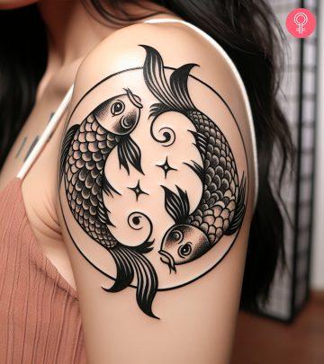 A woman with a Pisces symbol tattoo on her shoulder A woman with a Pisces symbol tattoo on her shoulder
