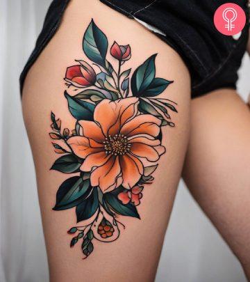 A neotraditional flower tattoo on the side thigh A neotraditional flower tattoo on the side thigh