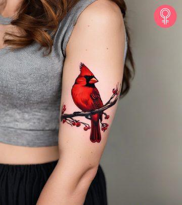 woman with cardinal tattoo on her upper arm woman with cardinal tattoo on her upper arm