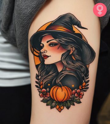 A witchy tattoo on the upper arm