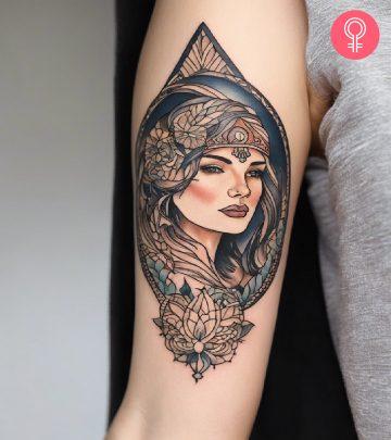 A tattoo of a woman’s portrait on the inner bicep A tattoo of a woman’s portrait on the inner bicep
