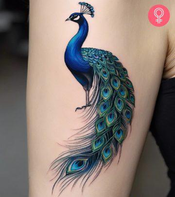 Woman with peacock tattoo on her arm Woman with peacock tattoo on her arm