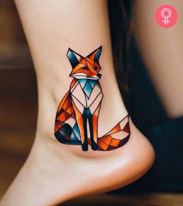 A woman with a colorful geometric fox tattoo on her leg A woman with a colorful geometric fox tattoo on her leg