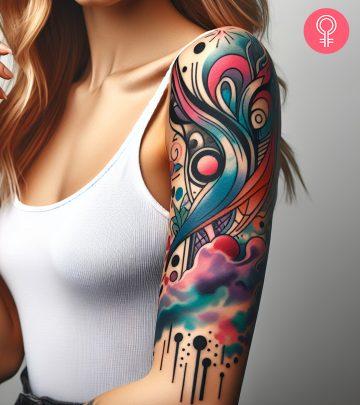 Graffiti tattoo on a woman’s upper arm Graffiti tattoo on a woman’s upper arm