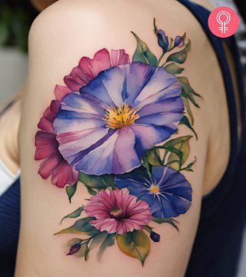 Aster and morning glory flowers on the arm Aster and morning glory flowers on the arm