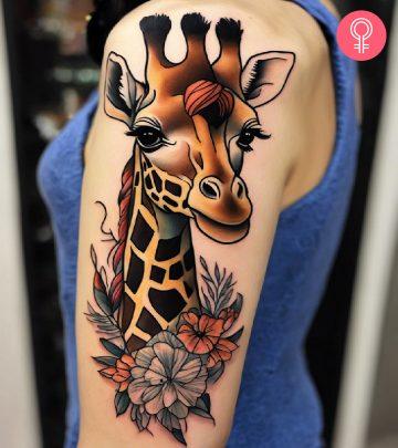 Woman with a giraffe tattoo on her upper arm Woman with a giraffe tattoo on her upper arm