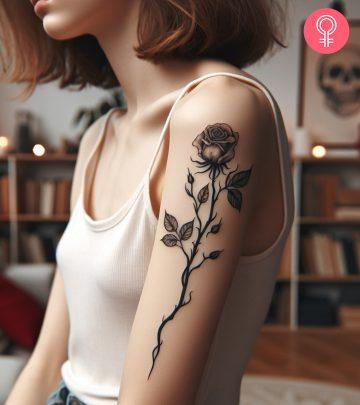 A woman sporting a dead rose tattoo on the upper arm A woman sporting a dead rose tattoo on the upper arm