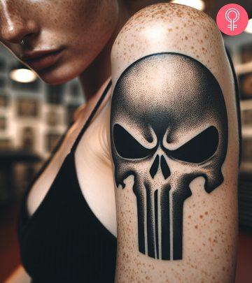 Punisher skull tattoo on the arm of a woman Punisher skull tattoo on the arm of a woman