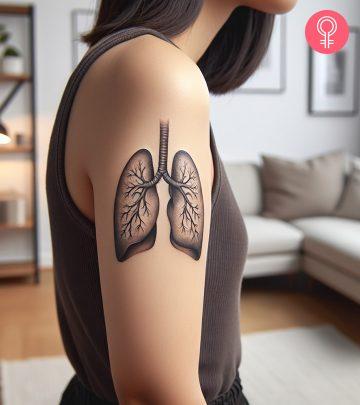A lung tattoo on a woman’s upper arm A lung tattoo on a woman’s upper arm