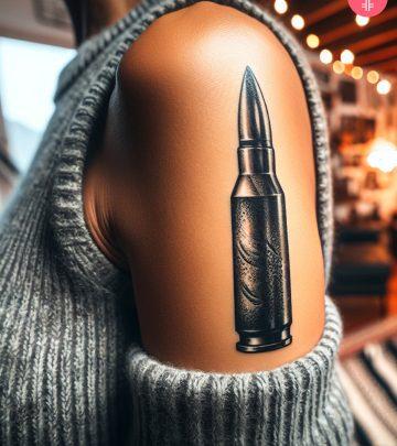 Woman with a bullet tattoo on the upper arm