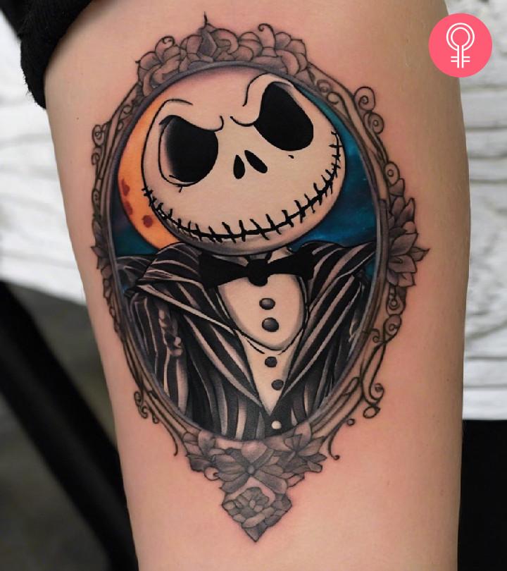 Bold Jack Skellington tattoo on a woman's arm