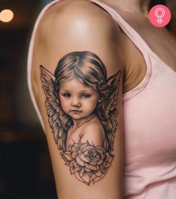 A baby angel tattoo on the arm of a woman A baby angel tattoo on the arm of a woman