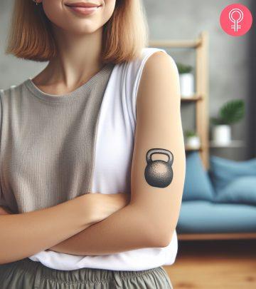 A fitness tattoo with a kettlebell on the upper arm of a woman A fitness tattoo with a kettlebell on the upper arm of a woman