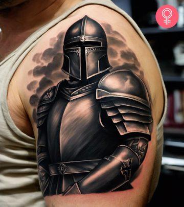 A realistic Templar Knight tattoo on the shoulder cuff and upper arm A realistic Templar Knight tattoo on the shoulder cuff and upper arm