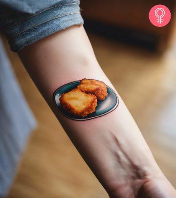 A realistic plate of chicken nugget tattoos on the forearm A realistic plate of chicken nugget tattoos on the forearm