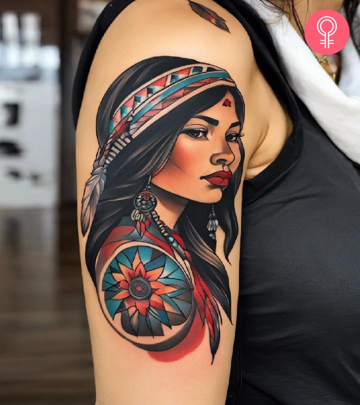 A traditional Navajo tattoo on the upper arm of a woman.