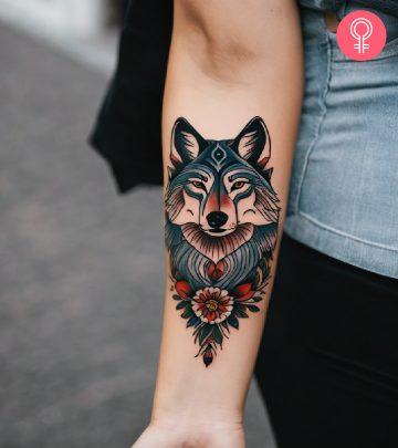 A woman with a Turkish wolf tattoo on her forearm A woman with a Turkish wolf tattoo on her forearm