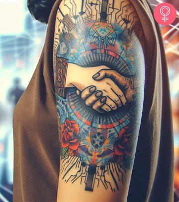 Handshake tattoo on the arm of a woman