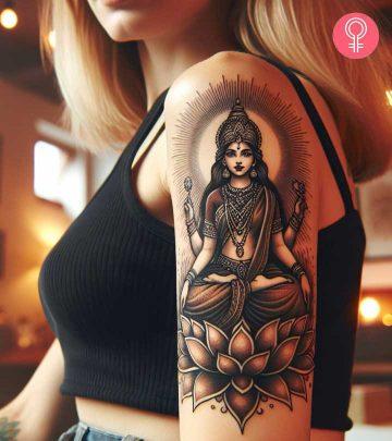 Lakshmi tattoo on the upper arm Lakshmi tattoo on the upper arm