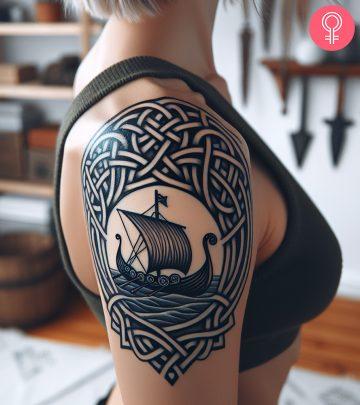 Nordic boat tattoo on a woman’s upper arm Nordic boat tattoo on a woman’s upper arm